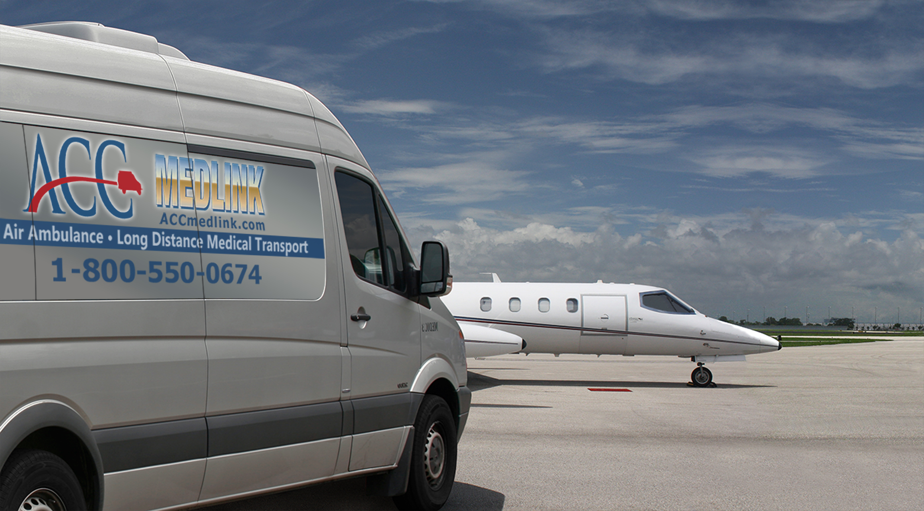 ACC Medlink sprinter van beside a private jet on the tarmac